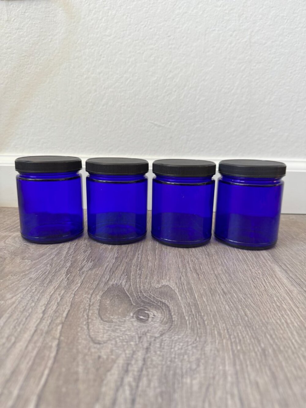 Blue Glass Jars with Black Plastic Lids | FOUR 8oz (250mL) Round Jars